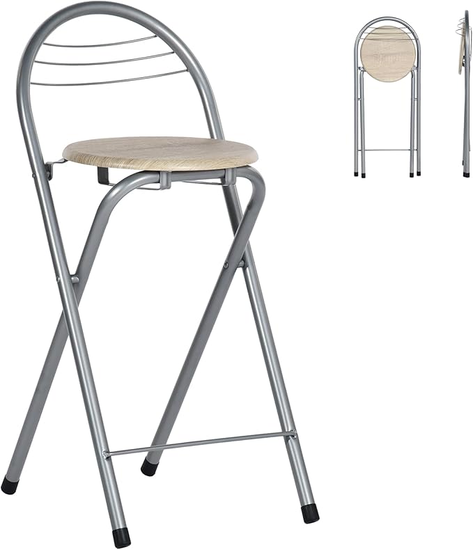 Tragbarer Klapphocker mit Rückenlehne – Faltbarer Barhocker 61 cm hoch, für Indoor & Outdoor, Bars, Camping, Eiche & Silber