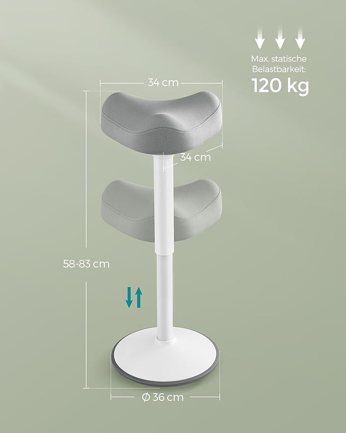 360° neigbarer Stehhocker – Höhenverstellbarer Schreibtischhocker 58–83 cm mit großem Anti-Rutsch-Sockel, modern, grau