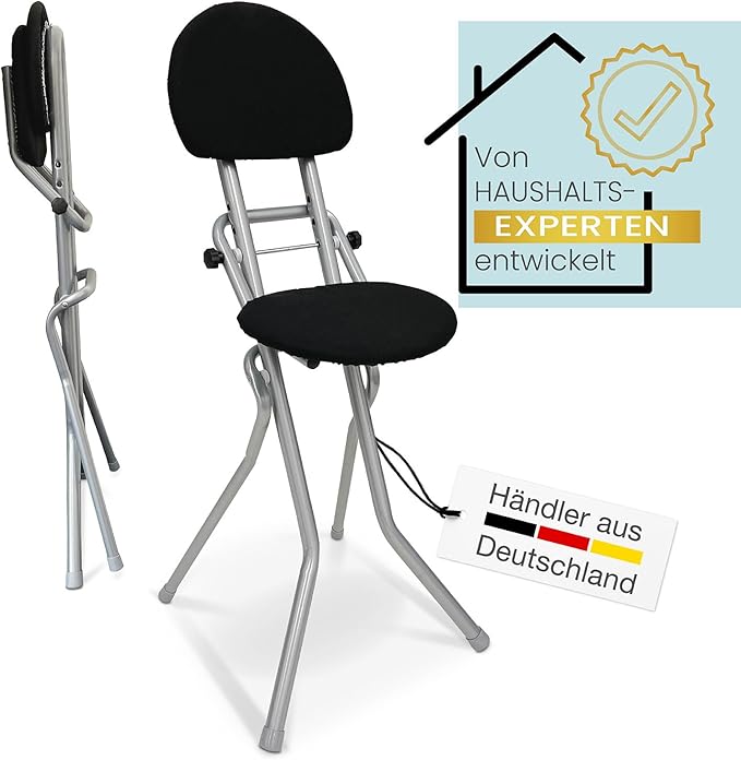Ergonomische Bügelstehhilfe – Rückenschonende Sitzhilfe, 3-fach höhenverstellbar (58–65 cm), mit Rückenkissen, rutschfest & platzsparend, bis 120 kg belastbar, silber
