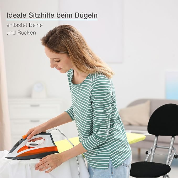 Ergonomische Bügelstehhilfe – Rückenschonende Sitzhilfe, 3-fach höhenverstellbar (58–65 cm), mit Rückenkissen, rutschfest & platzsparend, bis 120 kg belastbar, silber