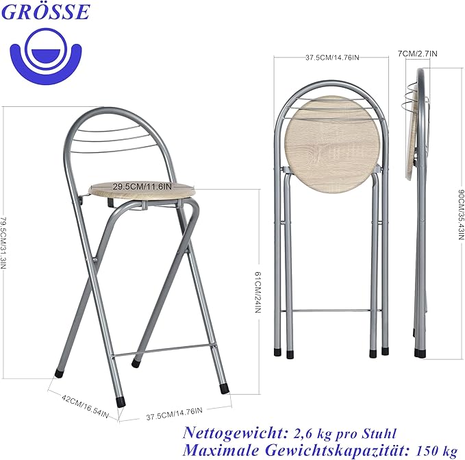 Tragbarer Klapphocker mit Rückenlehne – Faltbarer Barhocker 61 cm hoch, für Indoor & Outdoor, Bars, Camping, Eiche & Silber