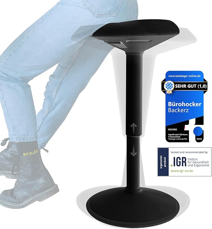 Ergonomischer Sitz- und Stehhocker – Höhenverstellbarer Bürohocker 55–80 cm, wackelnder Arbeitshocker mit wasserabweisendem Bezug, mattschwarz