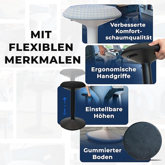 Ergonomischer Sitz- und Stehhocker – Höhenverstellbarer Bürohocker 55–80 cm, wackelnder Arbeitshocker mit wasserabweisendem Bezug, mattschwarz